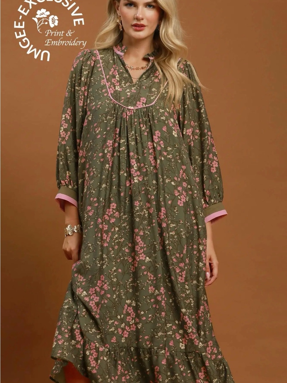 Umgee Olive Floral Maxi Dress with Pink Accents